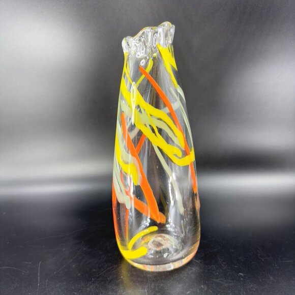 Hand Blown Studio Art Glass Swung Vase Clear Multicolor Swirls Hand Made Glass - Picture 13 of 16